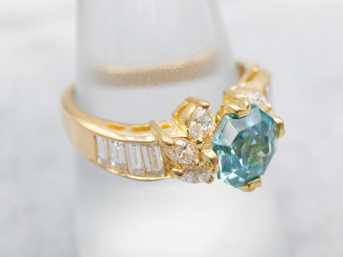 Modern Blue Zircon and Diamond Cocktail Ring