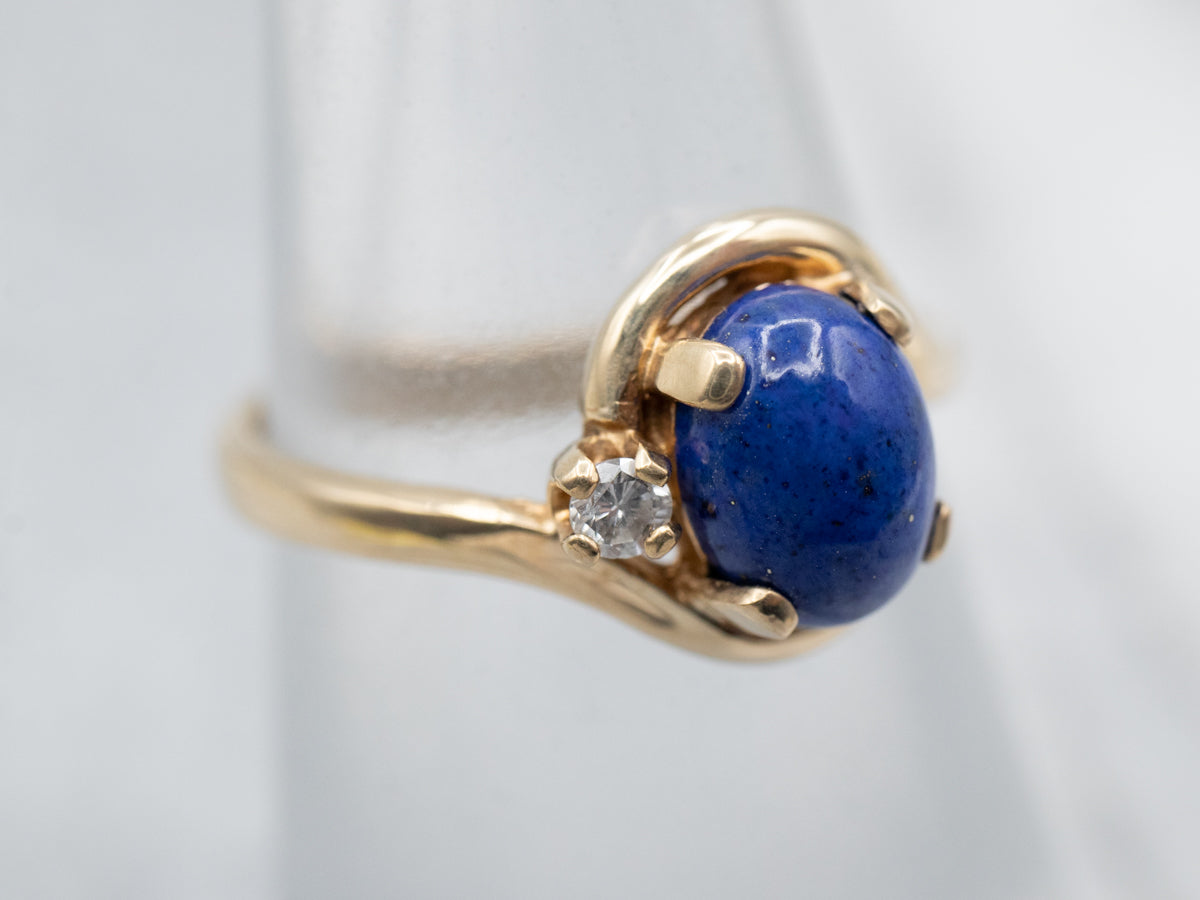 Luxury Yellow Gold Lapis Bypass Ring with Diamond Accent