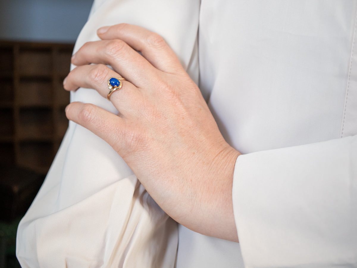 Luxury Yellow Gold Lapis Bypass Ring with Diamond Accent