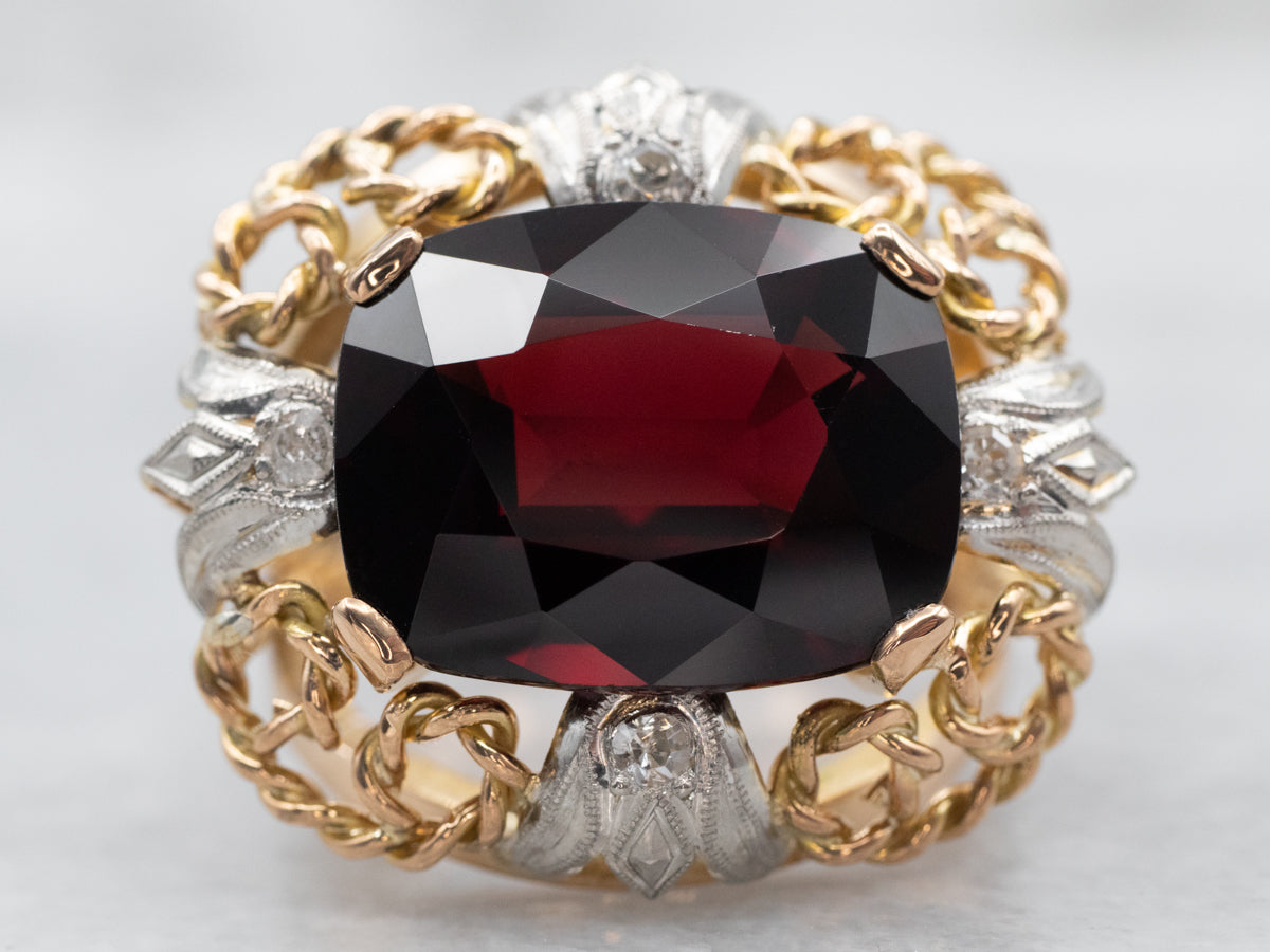 Elegant Two Tone East West Garnet Cocktail Ring with Diamond Accents