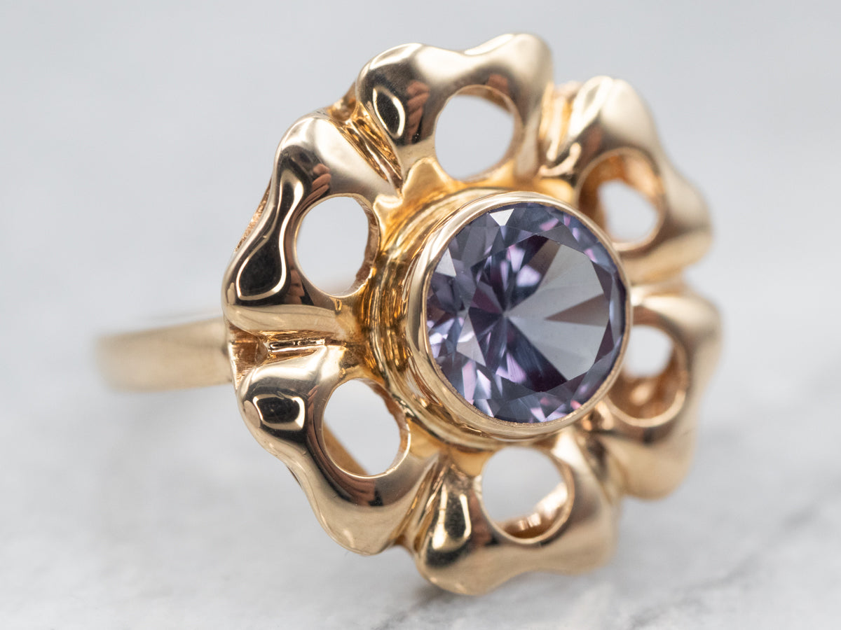 Expertly Crafted Yellow Gold Synthetic Alexandrite Flower Ring