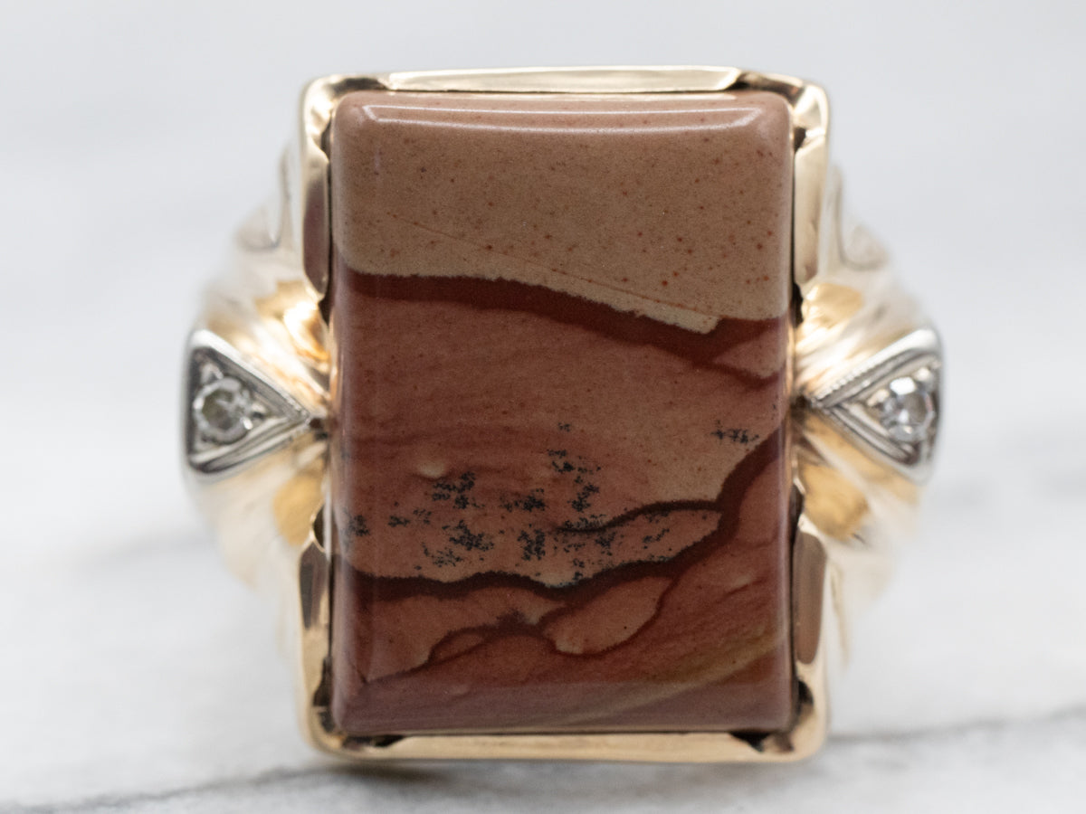 Beautiful Yellow Gold Jasper Ring with Diamond Accents