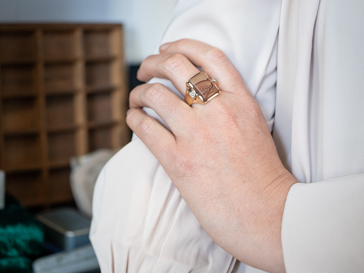 Beautiful Yellow Gold Jasper Ring with Diamond Accents