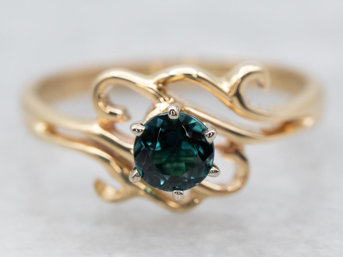 Stunning Yellow Gold Indicolite Tourmaline Solitaire Bypass Ring