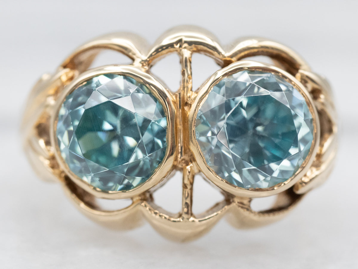 Sparkly Yellow Gold Blue Zircon Two Stone Ring