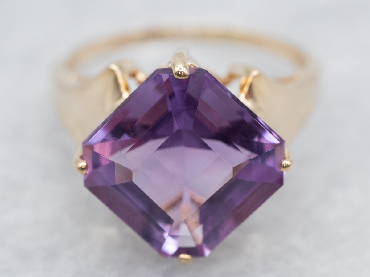 Yellow Gold Square Amethyst Solitaire Ring