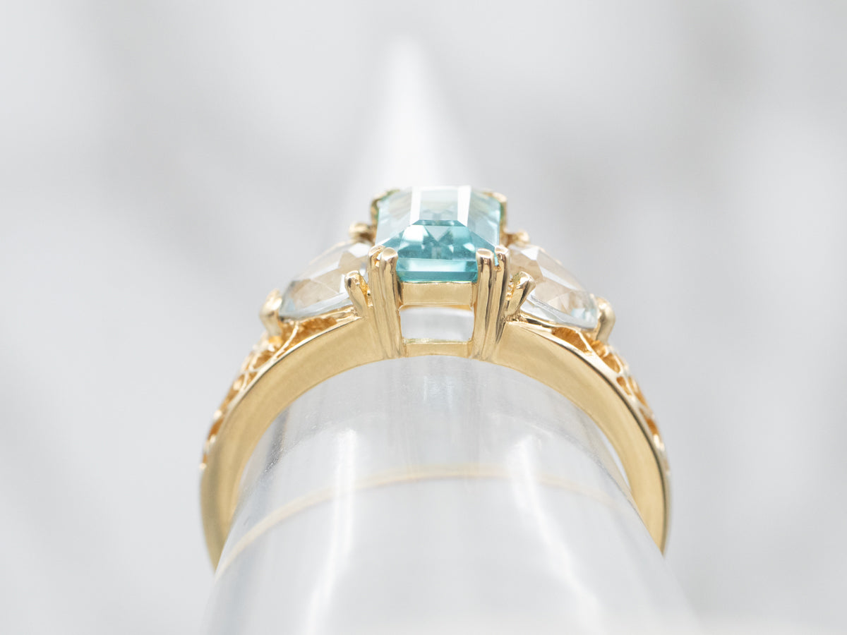 Yellow Gold Blue Zircon Ring with Aquamarine Accents