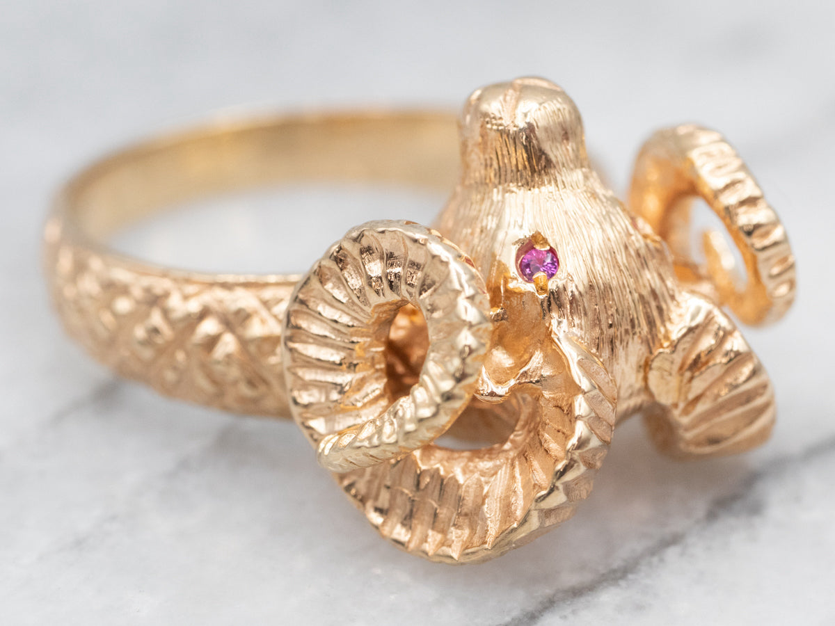 Bold Yellow Gold Ram's Head Ring with Ruby Eyes