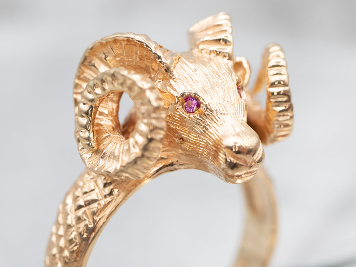 Bold Yellow Gold Ram&#39;s Head Ring with Ruby Eyes