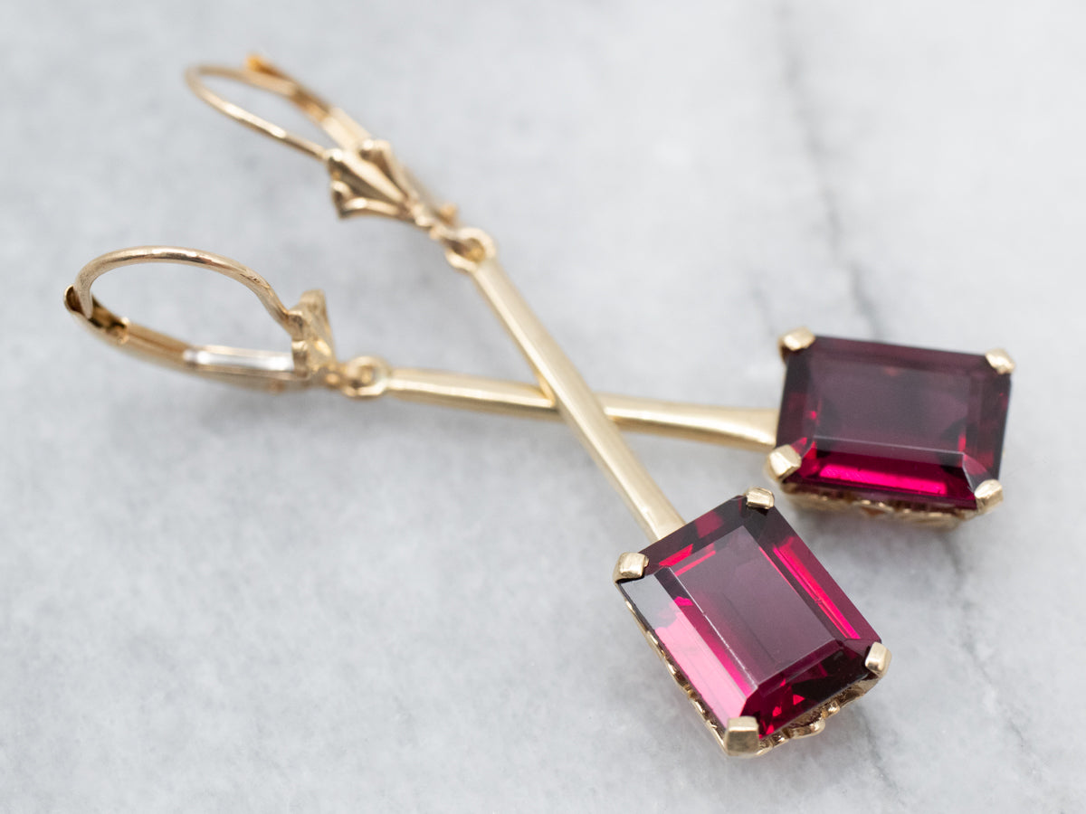 Elegant Yellow Gold Garnet Solitaire Drop Earrings