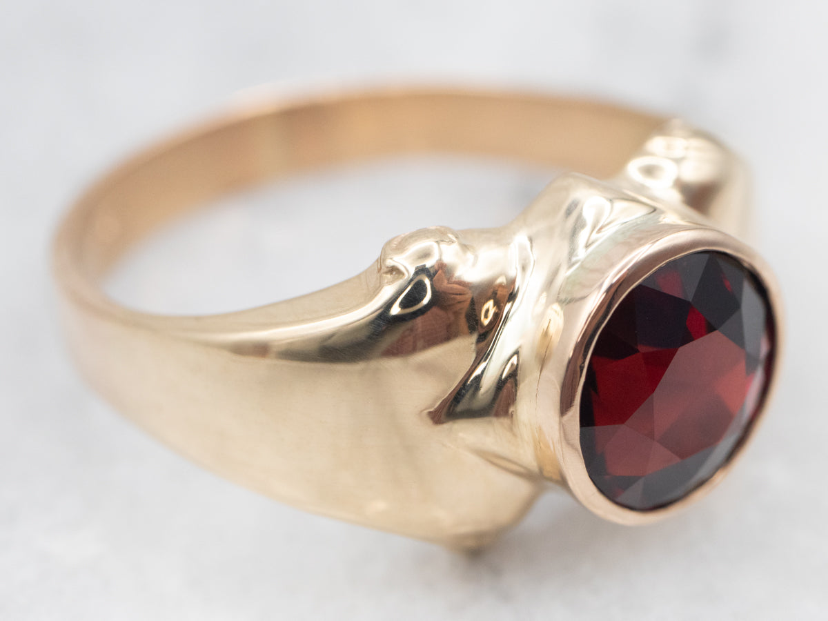 Yellow Gold Bezel Set Garnet Solitaire Cocktail Ring