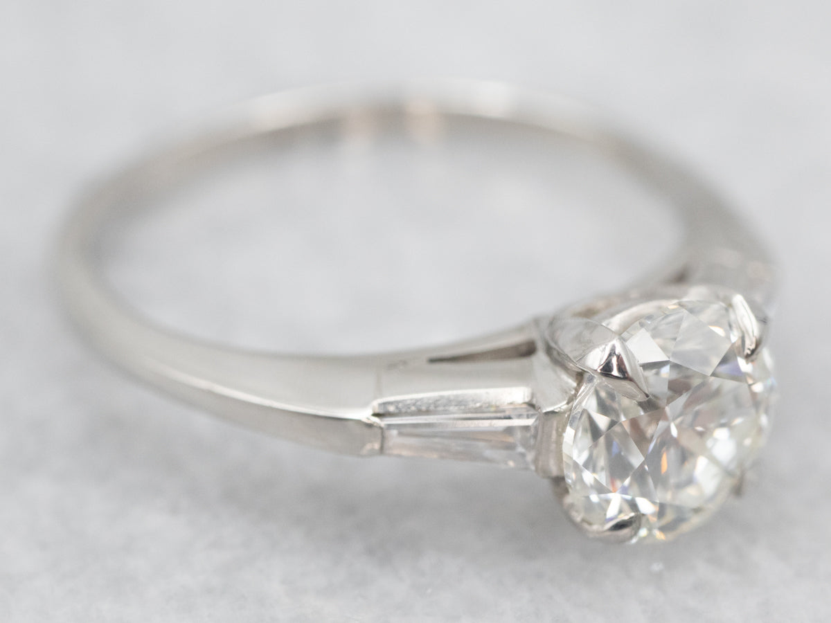 Platinum Diamond Engagement Ring with Baguette Diamond Accents