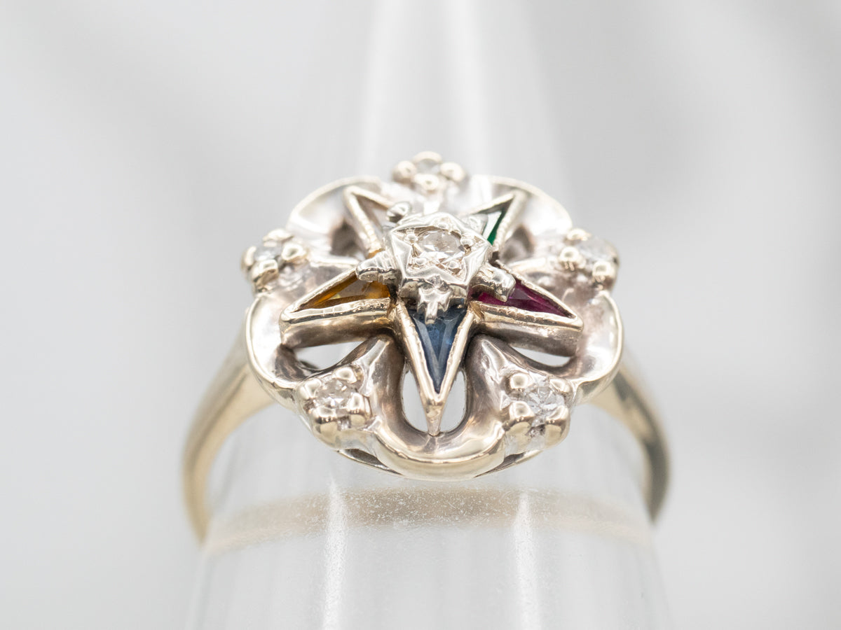 White Gold Order of the Eastern Star Ring with Diamond and Multi Color