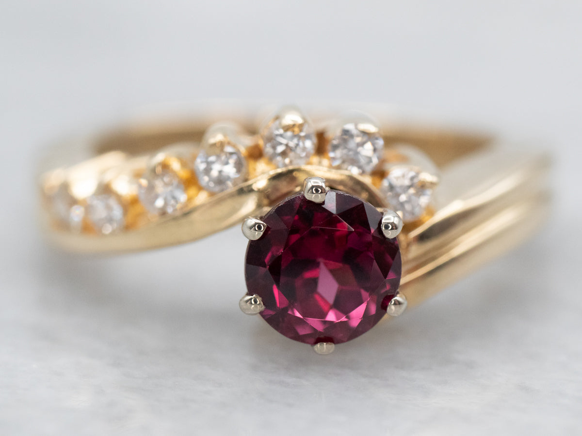 Elegant Yellow Gold Garnet and Diamond Bypass Ring