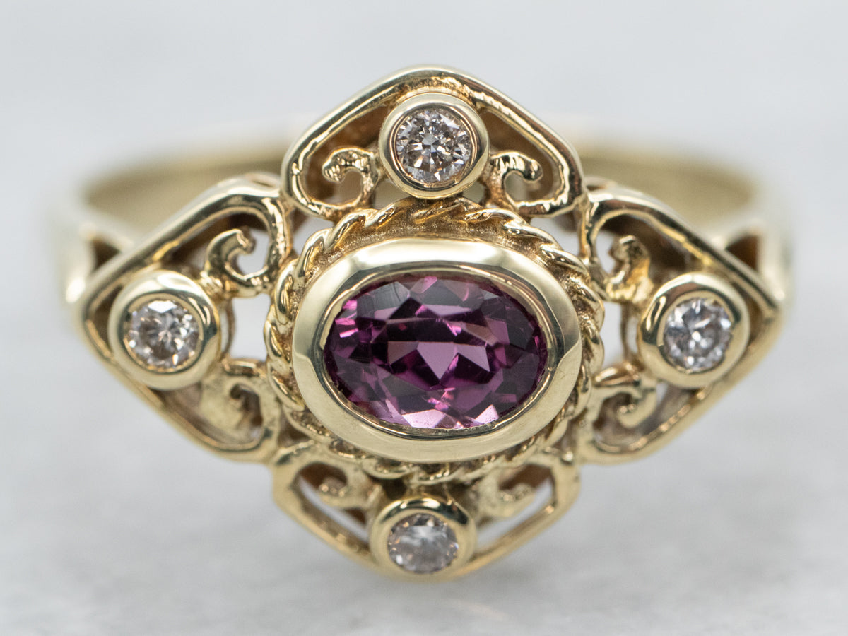 Yellow Gold Bezel Set East to West Garnet Ring with Diamond Accents