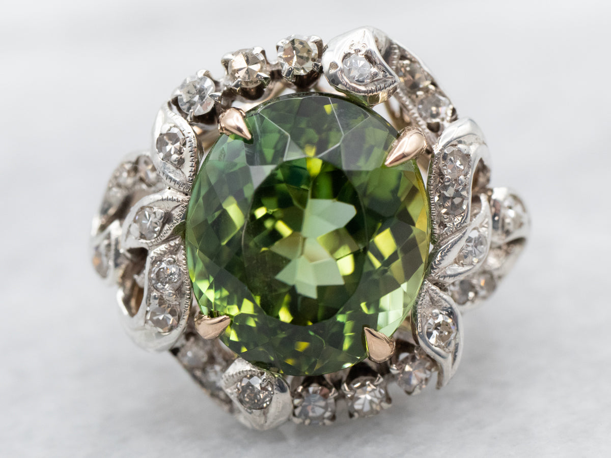 Mixed Metal Yellow Gold and Sterling Silver Green Tourmaline Cocktail Ring with Diamond Accents