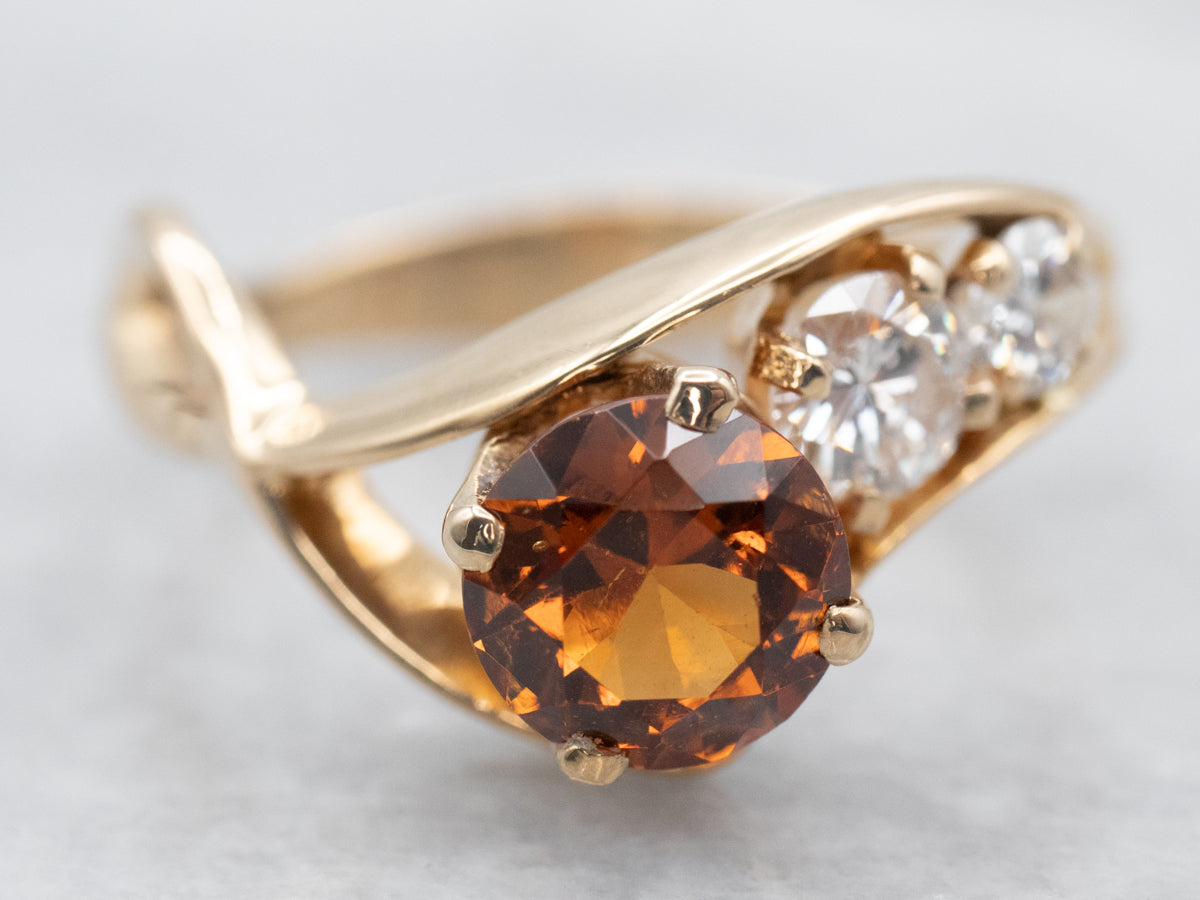 Yellow Gold Hessonite Garnet and Diamond Bypass Ring