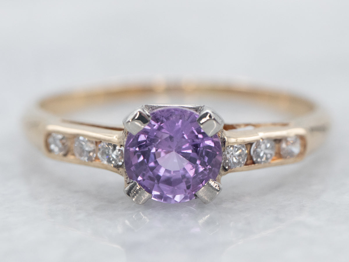 Two Tone Gold Pink-Purple Sapphire Ring with Diamond Accents