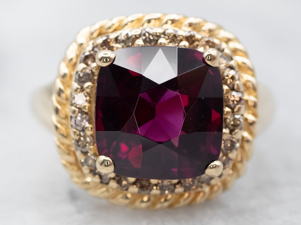 Braided Frame Rhodolite Garnet Ring with Diamond Halo