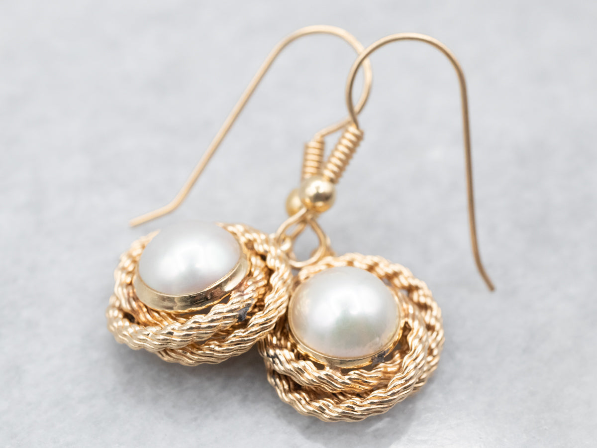 Delicate Yellow Gold Pearl Drop Earrings