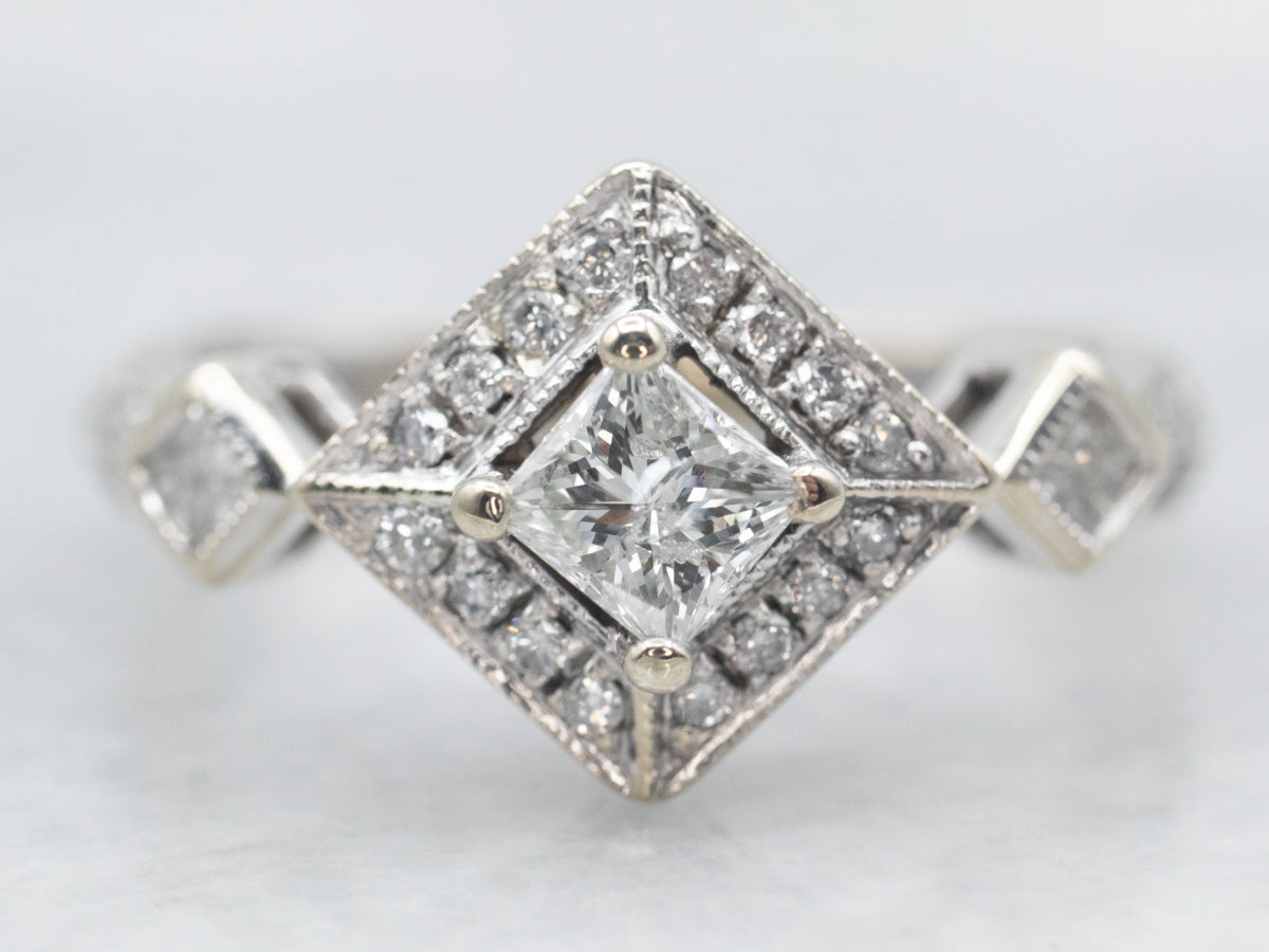 Modern Princess-Cut Diamond Engagement Ring with Diamond Halo