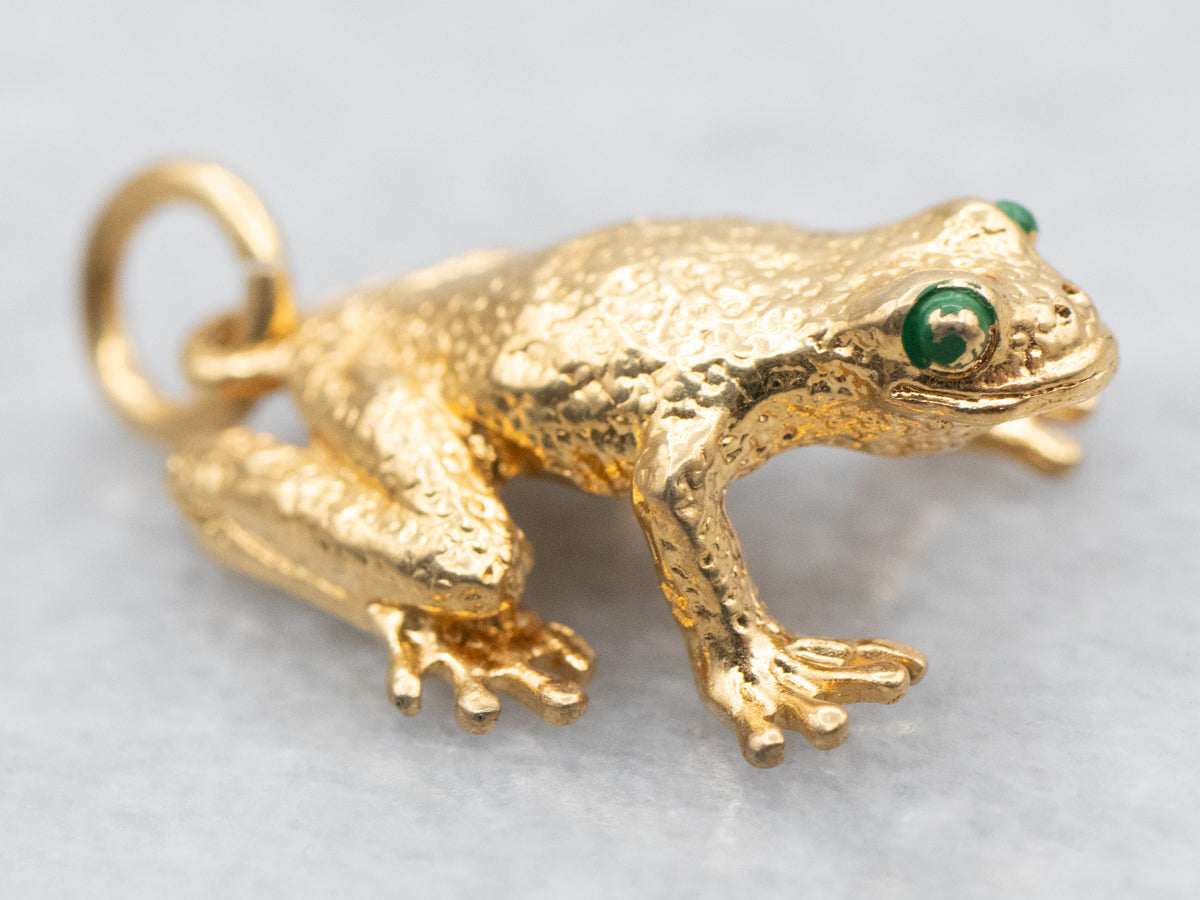 Yellow Gold Frog Charm with Green Enamel Eyes