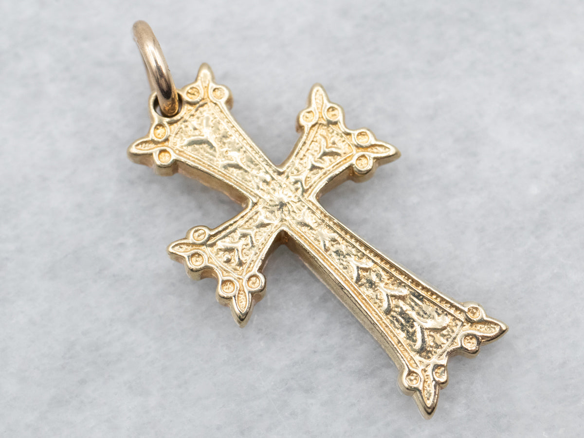 Etched Pattern Cross Pendant 14k Yellow good Gold Religious Jewelry