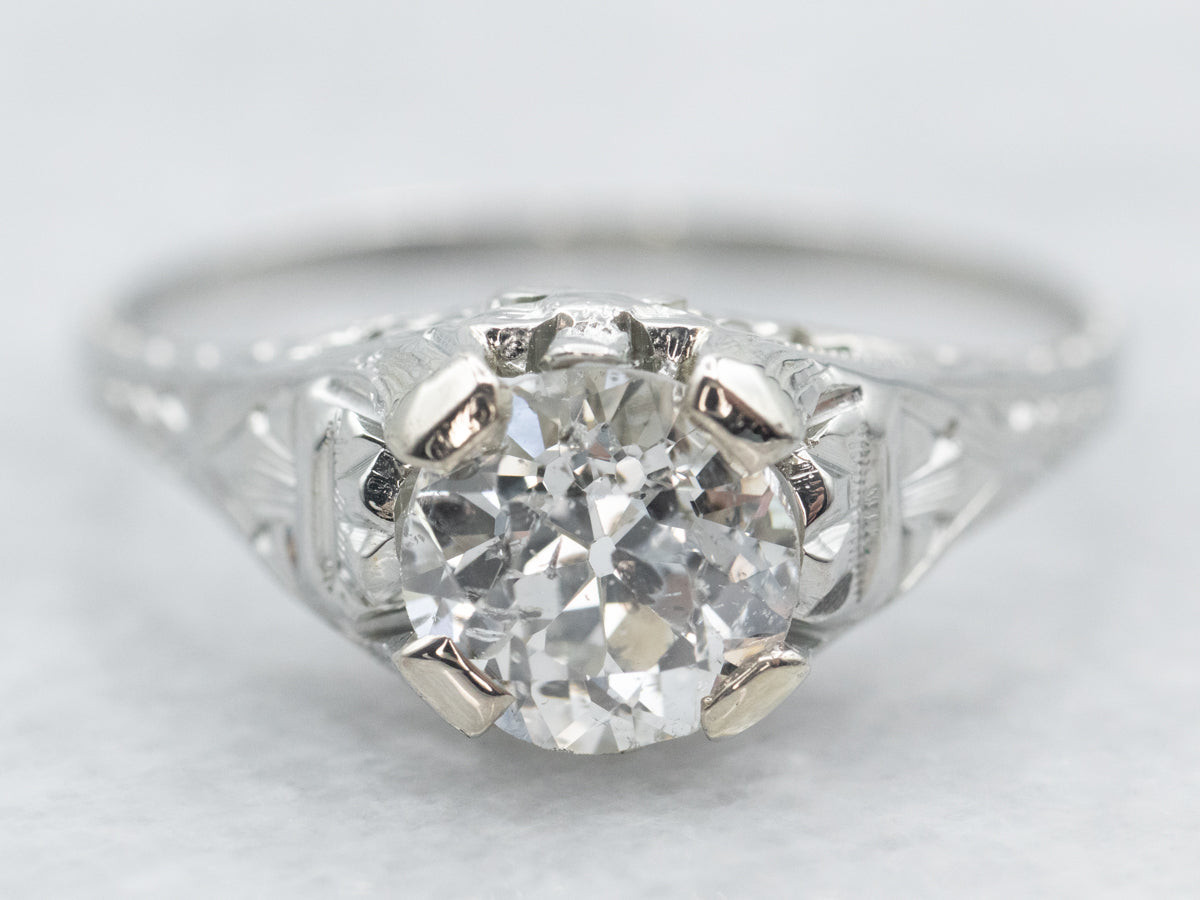 Art Deco European Cut Diamond Solitaire Engagement Ring