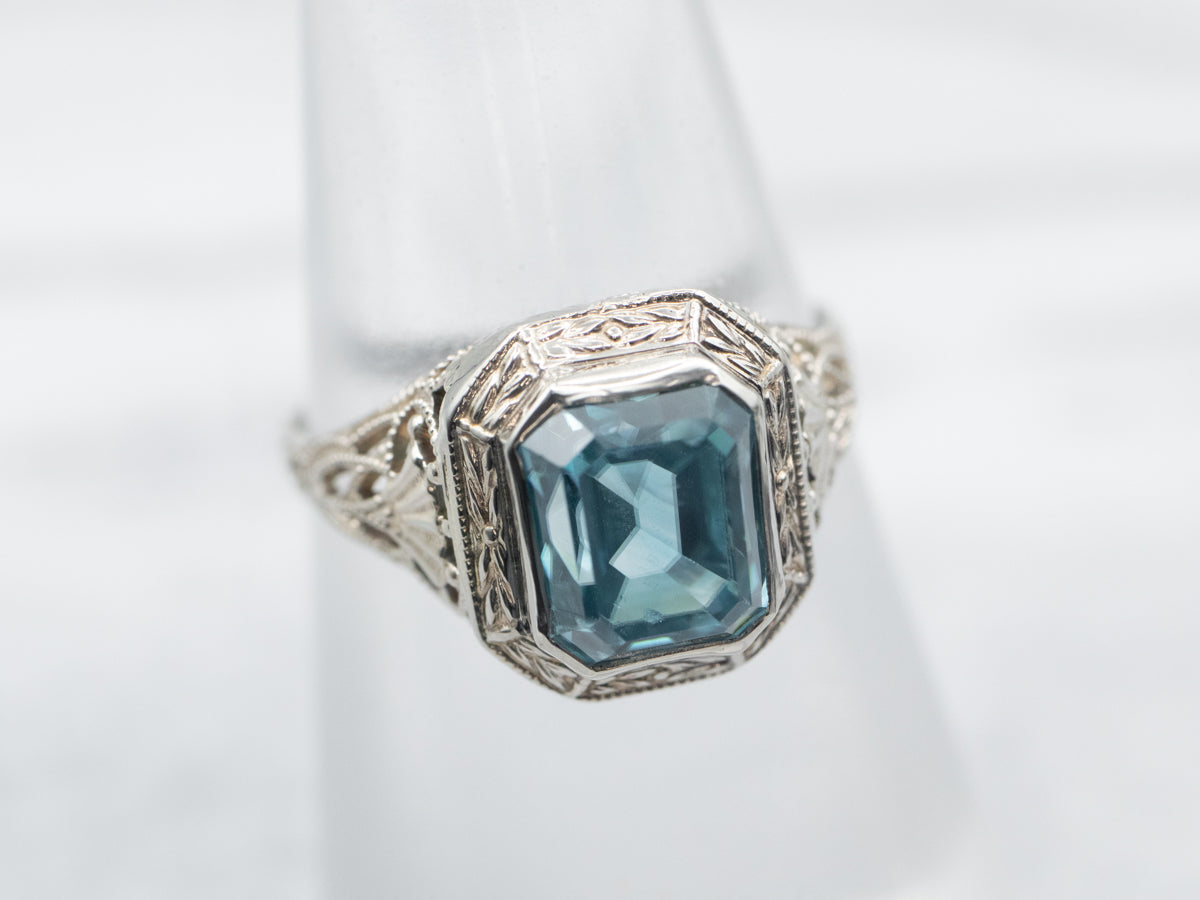 Art Deco Blue Zircon Filigree Solitaire Ring