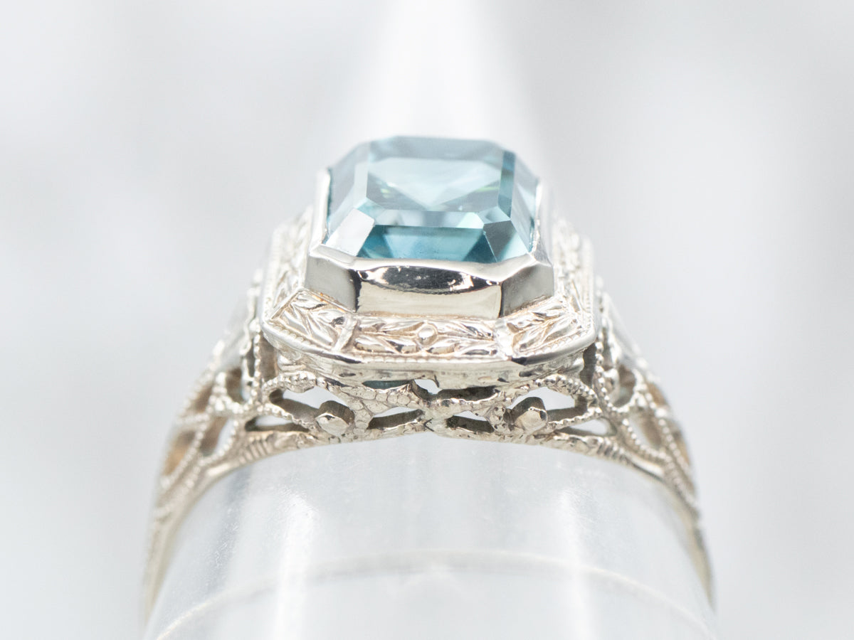 Art Deco Blue Zircon Filigree Solitaire Ring