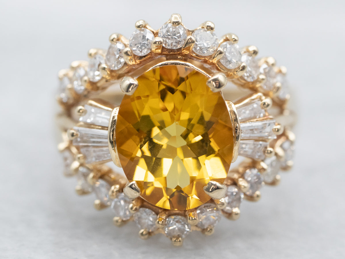 Gold Yellow Beryl and Diamond Cocktail Ring