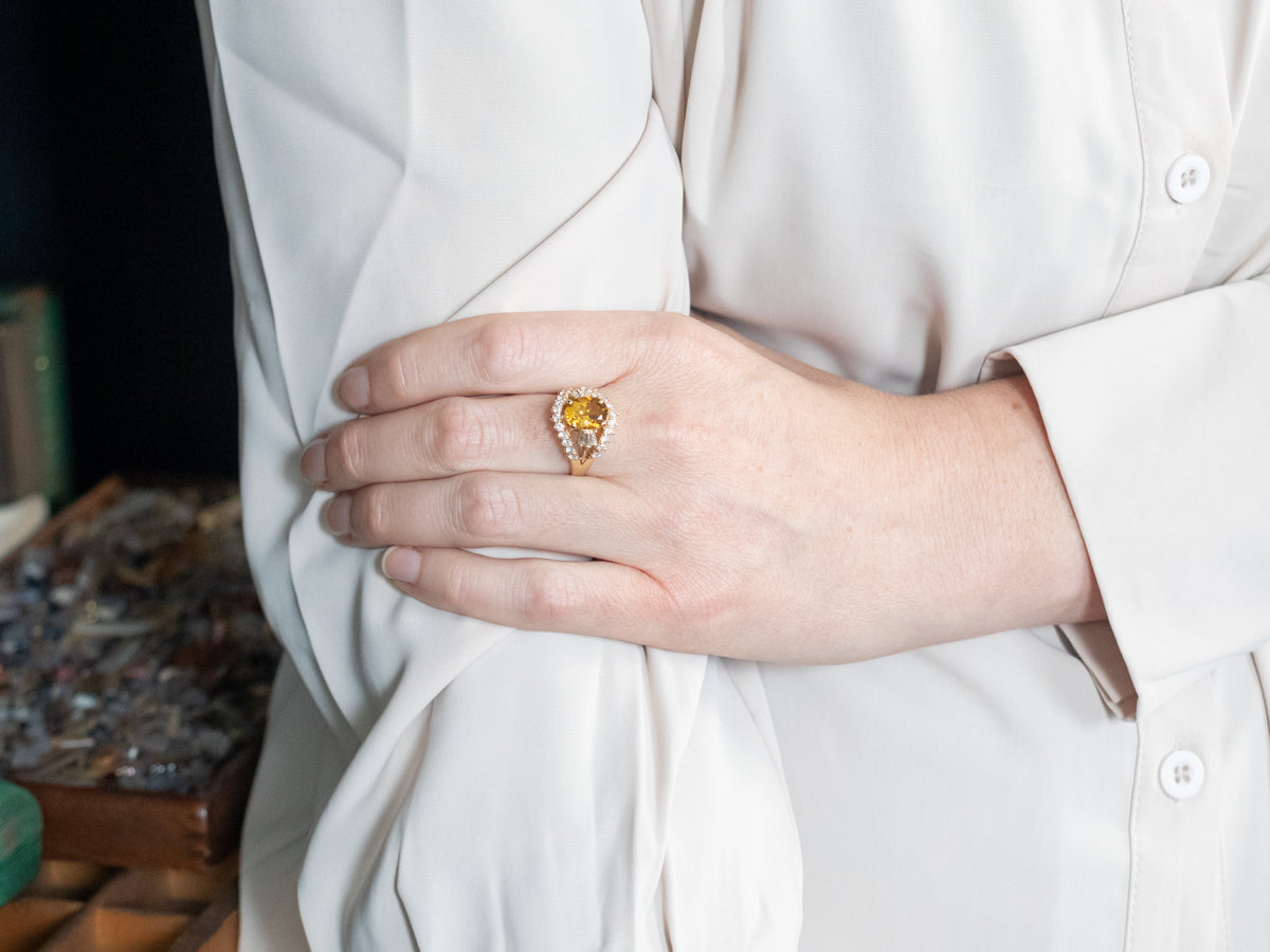 Gold Yellow Beryl and Diamond Cocktail Ring