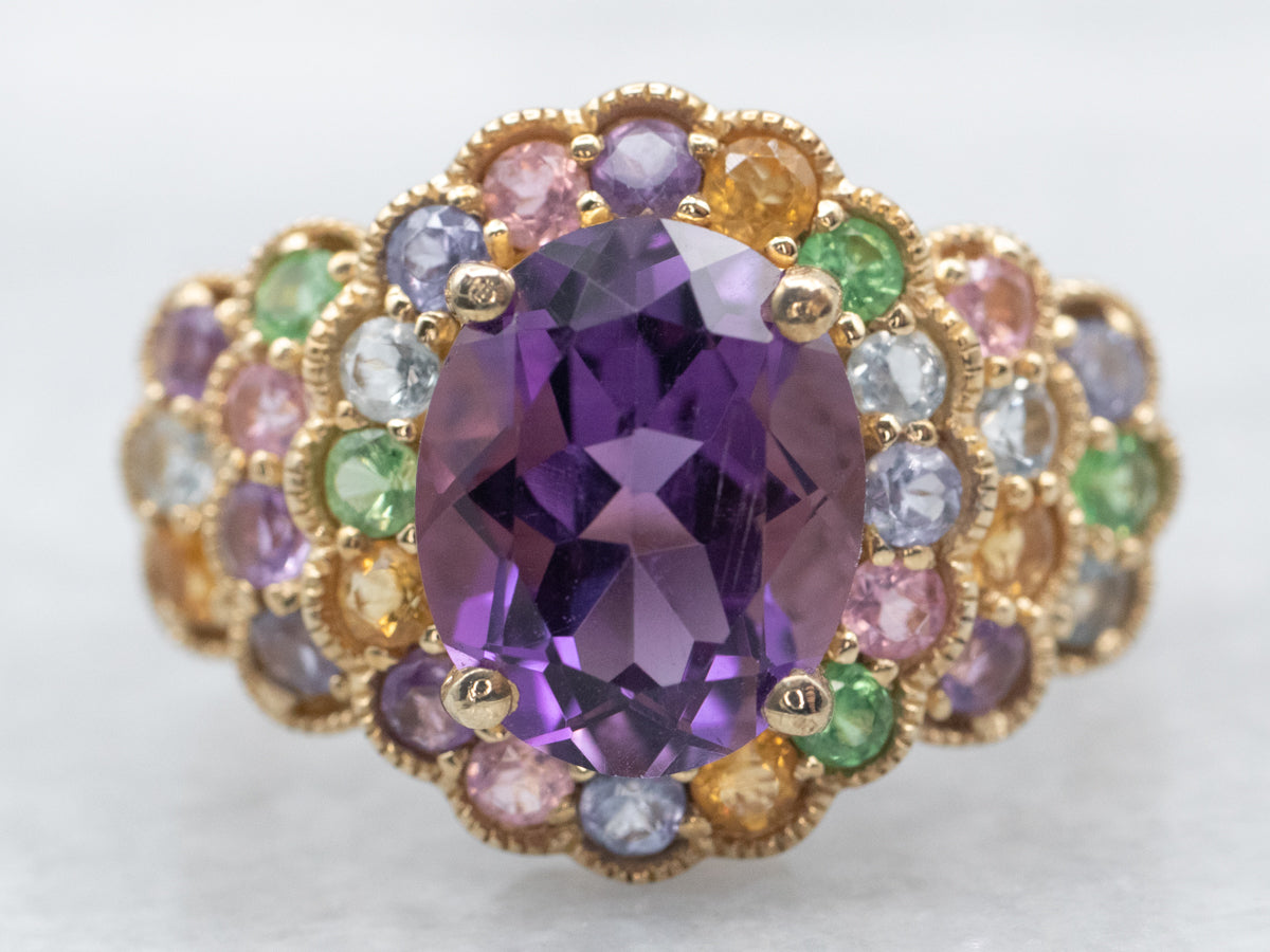 Amethyst Multi Gemstone Rainbow Cocktail Ring