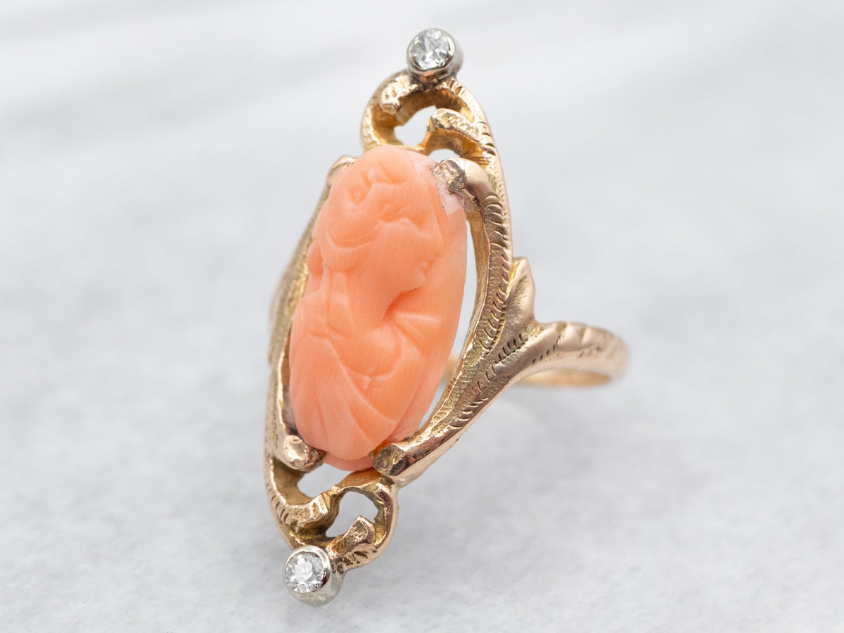 Art Nouveau Coral Cameo and Diamond Dinner Ring