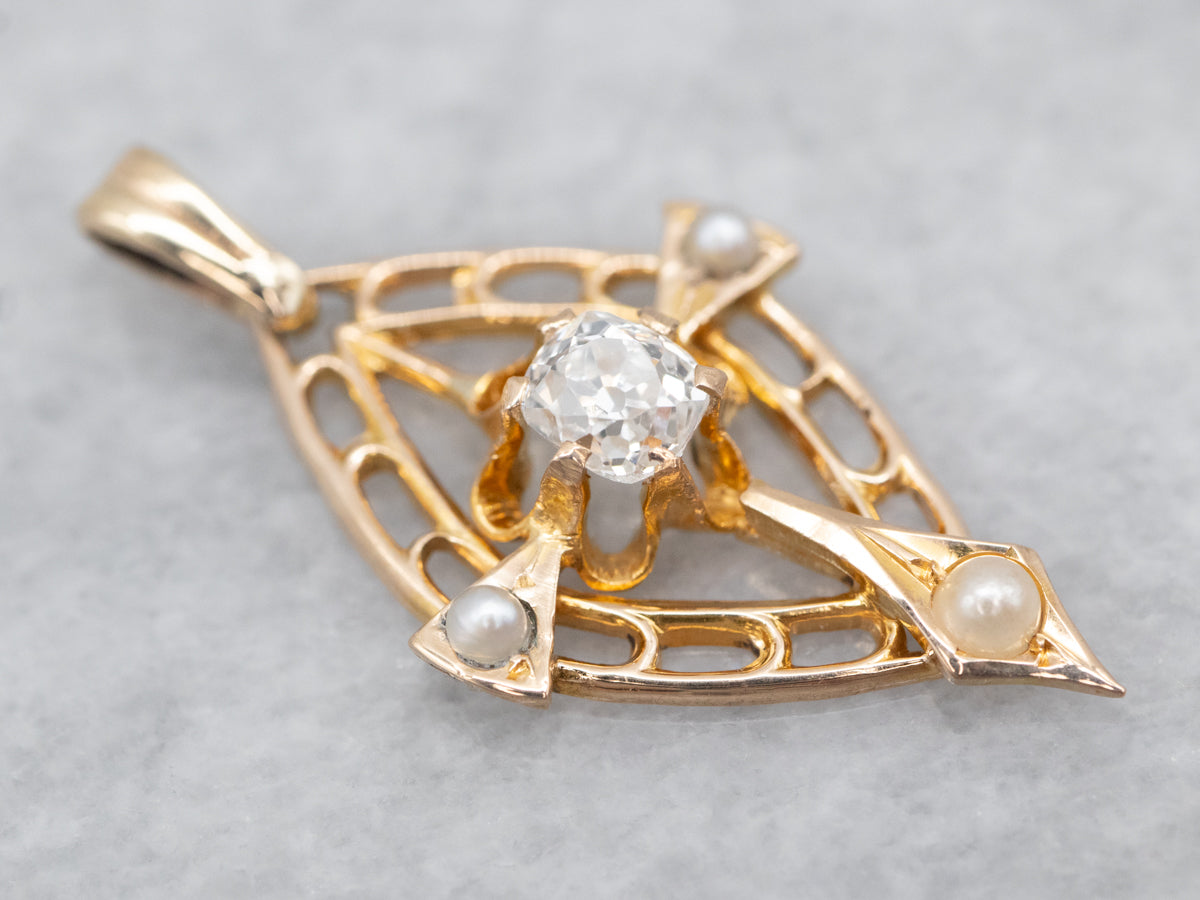 Vintage Early 1900s 14K Gold, Old Mine Cut Diamond and Seed