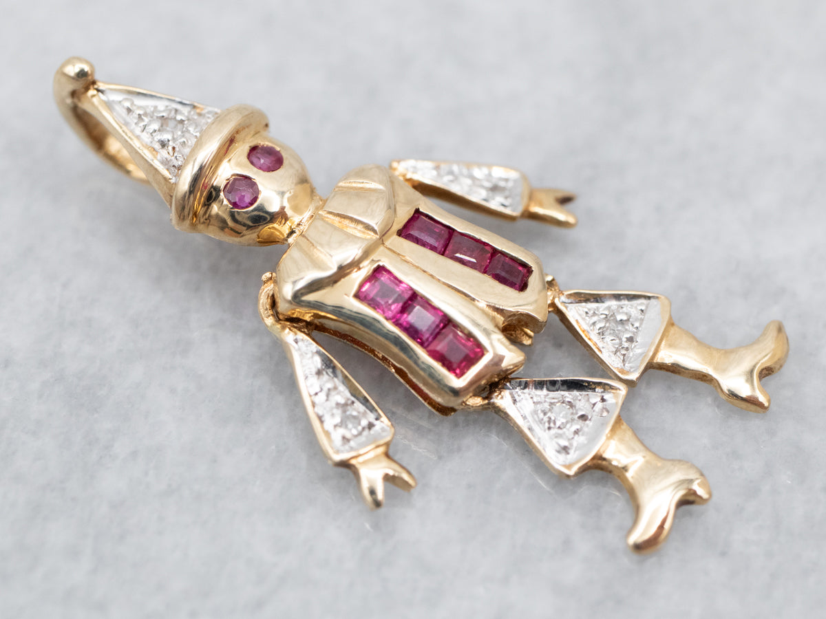 Intricate Two Tone Ruby and Diamond Clown Pendant