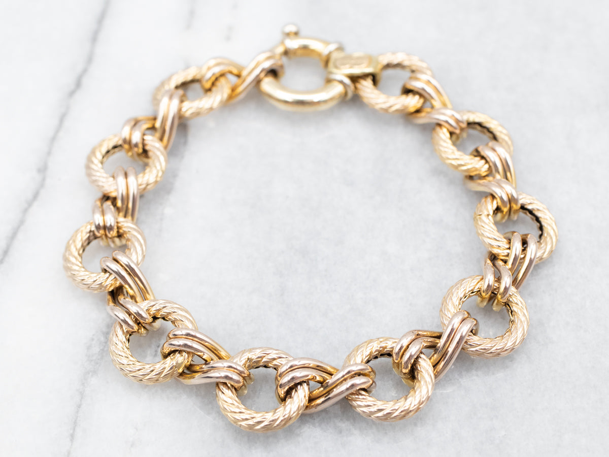 Sophisticated Yellow Gold Rope Ring Link Bracelet with Chunky Spring Ring Clasp