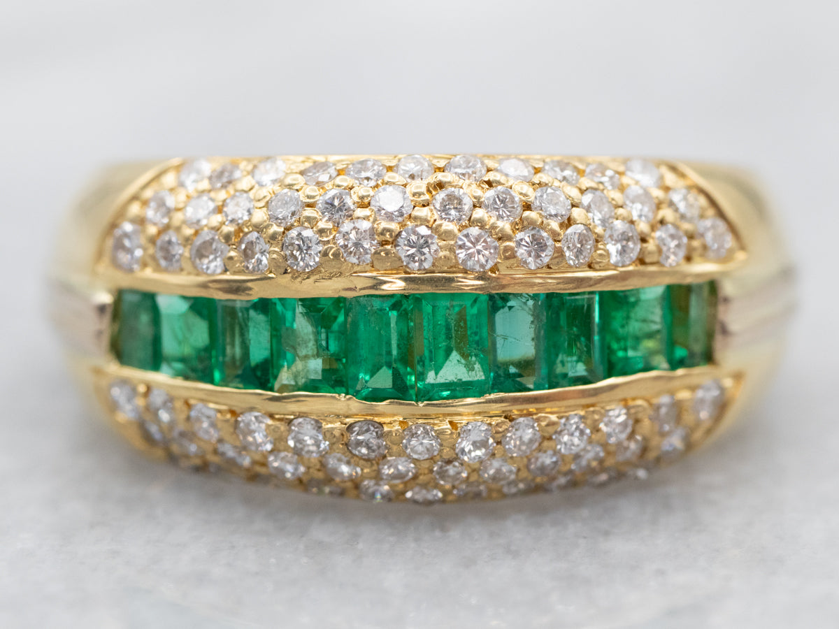 Luxurious Yellow Gold Emerald and Diamond Band