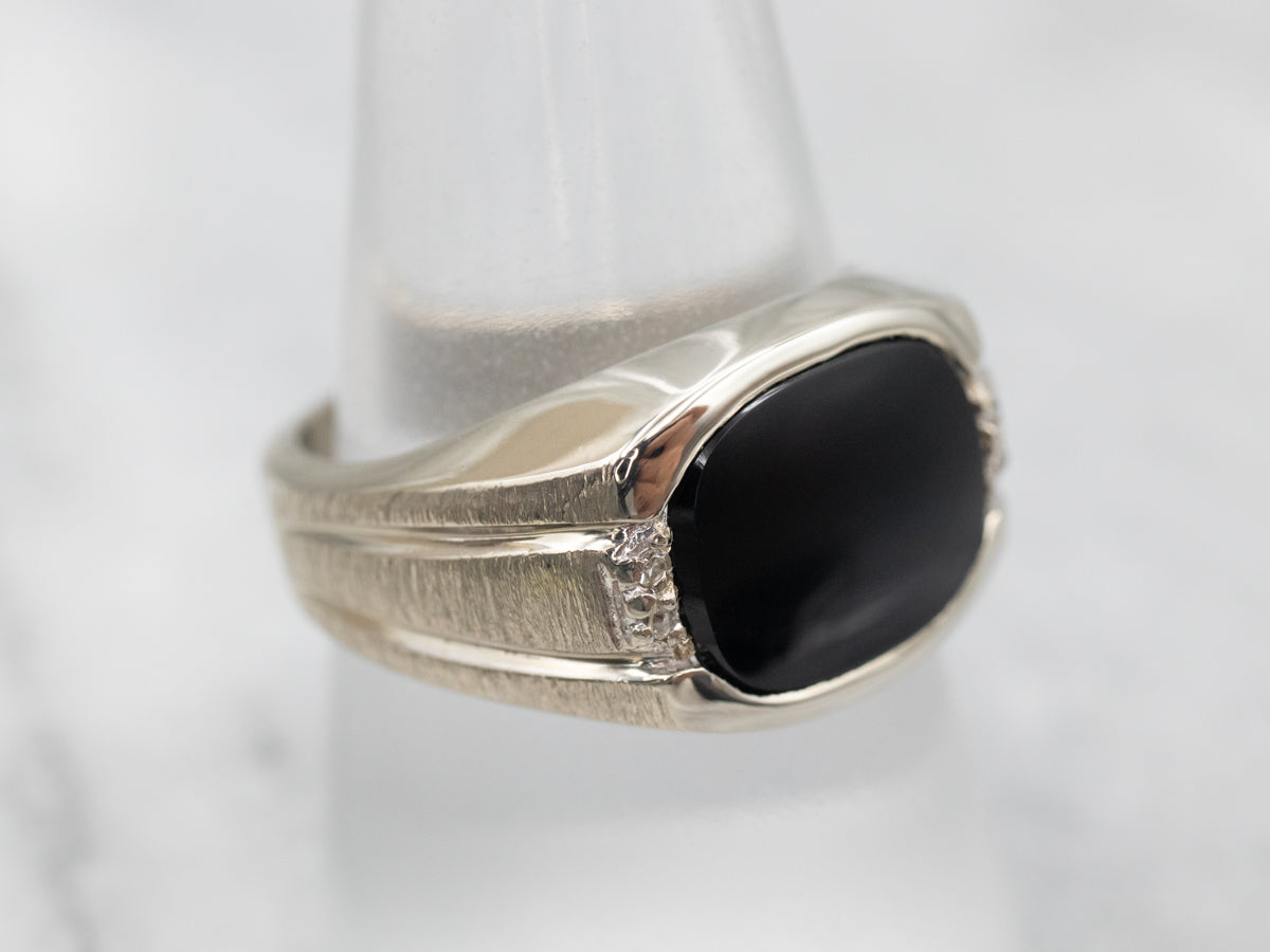 White Gold East West Black Onyx Ring with Diamond Accents