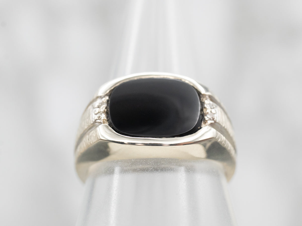 White Gold East West Black Onyx Ring with Diamond Accents