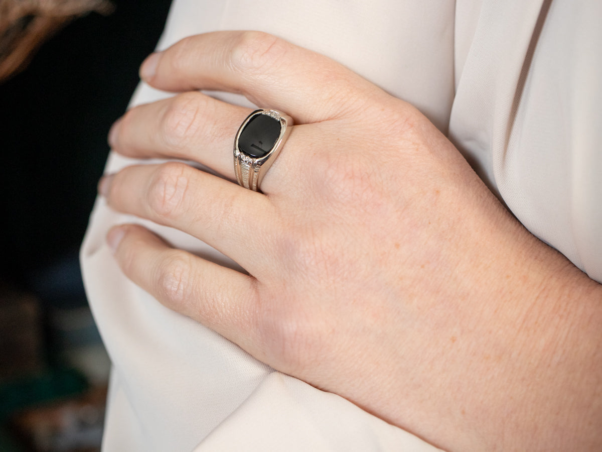 White Gold East West Black Onyx Ring with Diamond Accents