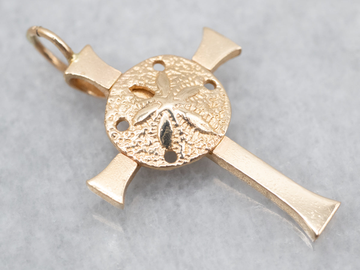 Yellow Gold Cross Pendant with Sand Dollar