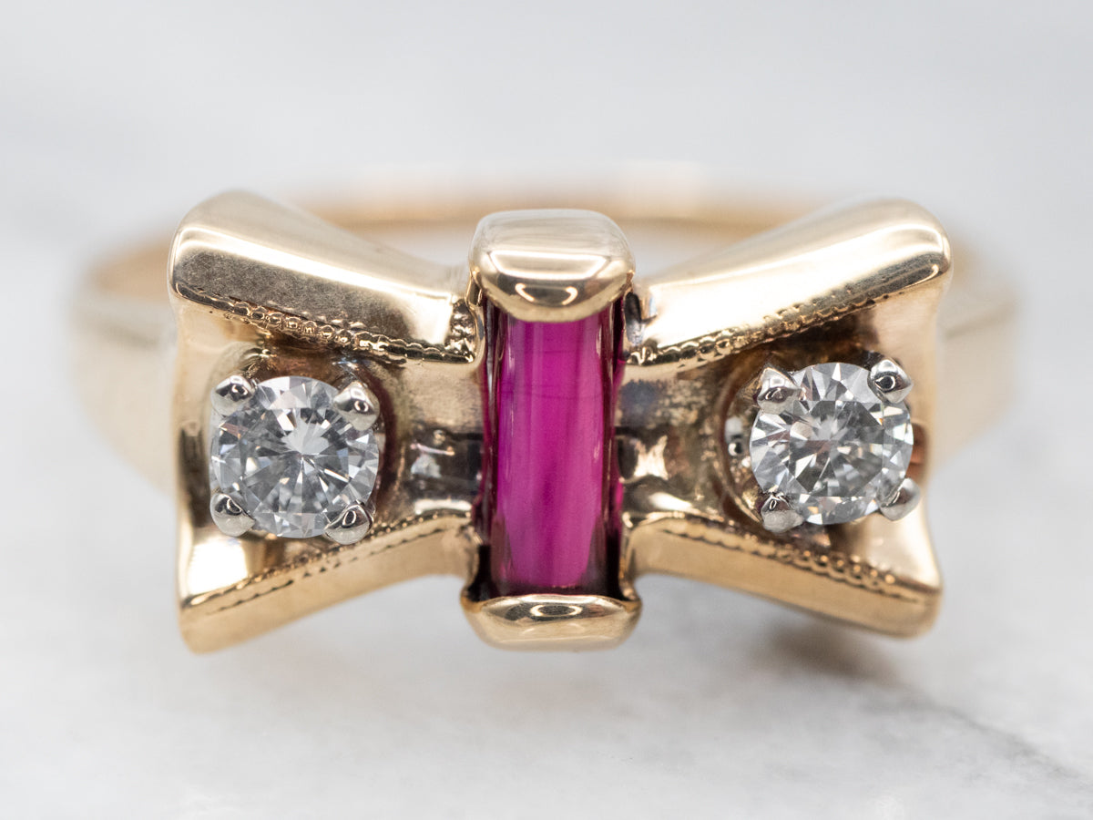 Glamourous Rose Gold Synthetic Ruby and Diamond Bow Ring