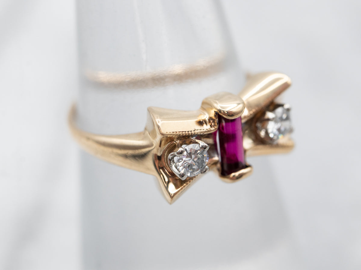 Glamourous Rose Gold Synthetic Ruby and Diamond Bow Ring