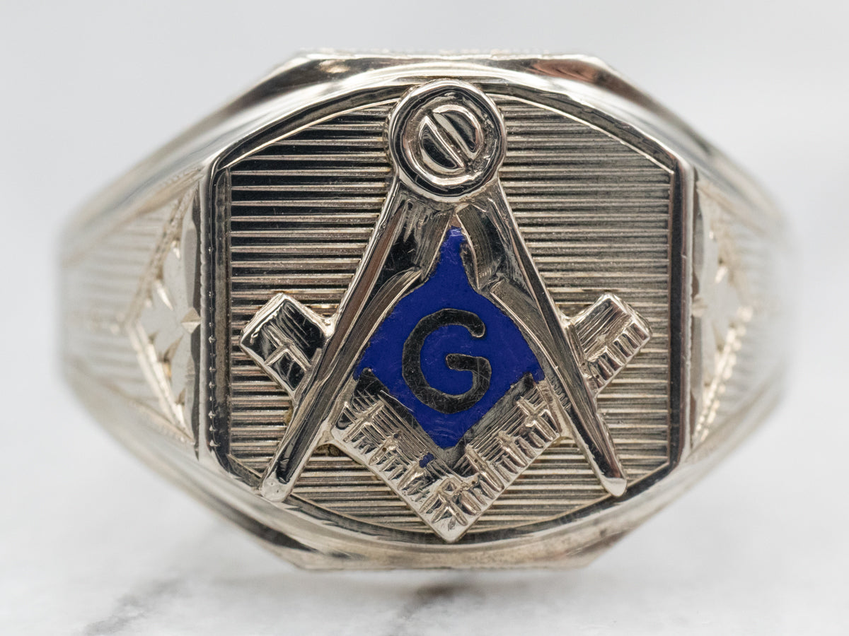 Premium White Gold Blue Enamel Masonic Ring