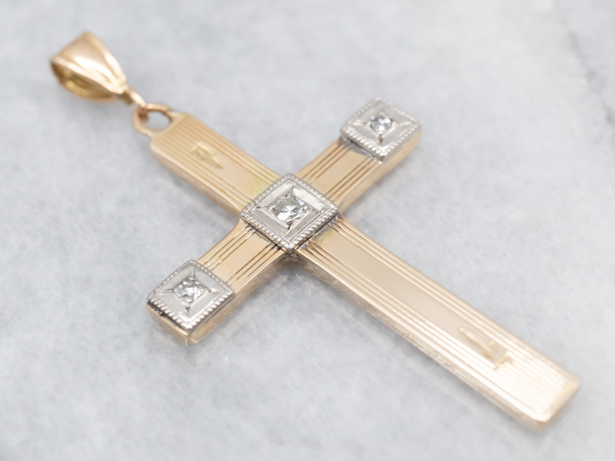 Retro Two Tone Gold Diamond Cross Pendant