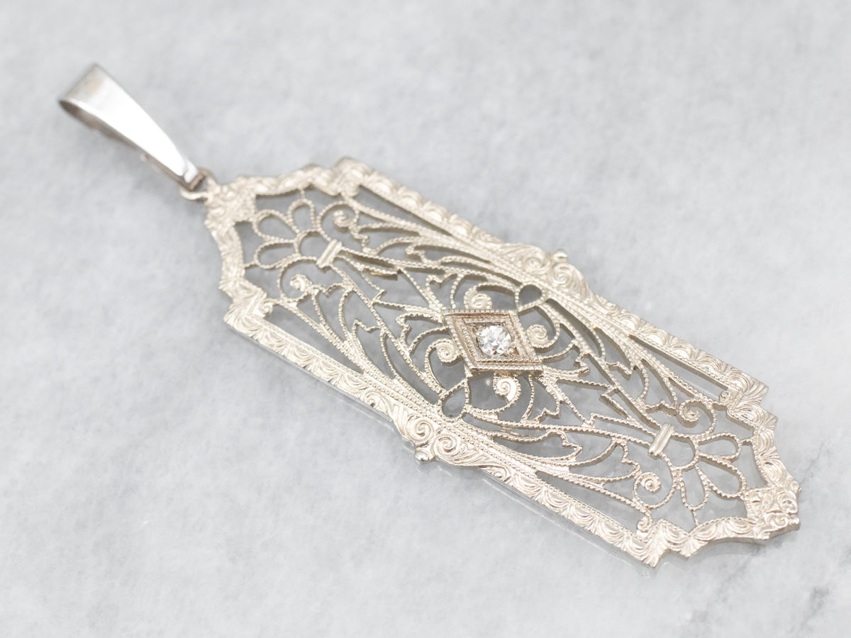 White Gold Art Deco Filigree Pendant with Diamond Accent