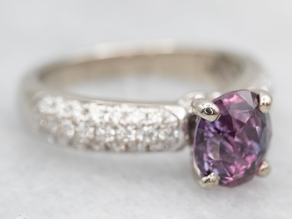 White Gold Pink Sapphire Ring with Diamond Shoulders