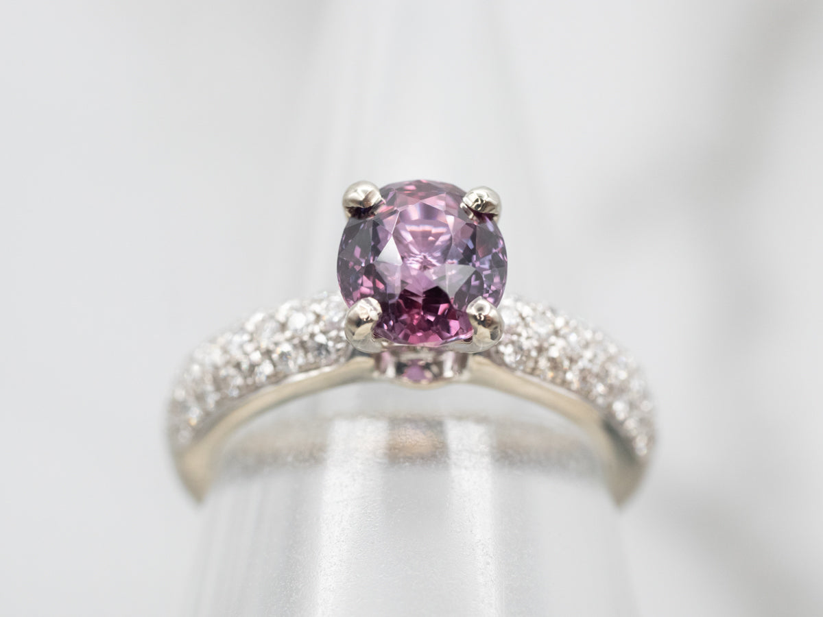 White Gold Pink Sapphire Ring with Diamond Shoulders