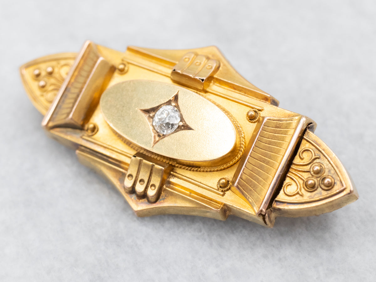 Bloomed Gold Old Mine Cut Diamond Victorian Mourning Brooch